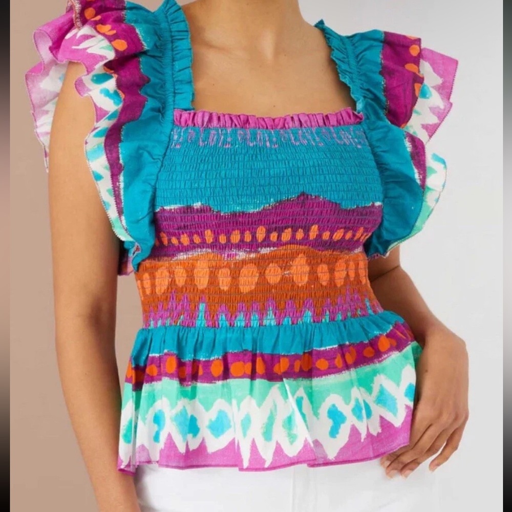Alivia M 100% Cotton Colorful Art to Wear Top Ruffle Sleeve Shirt Boho Festival